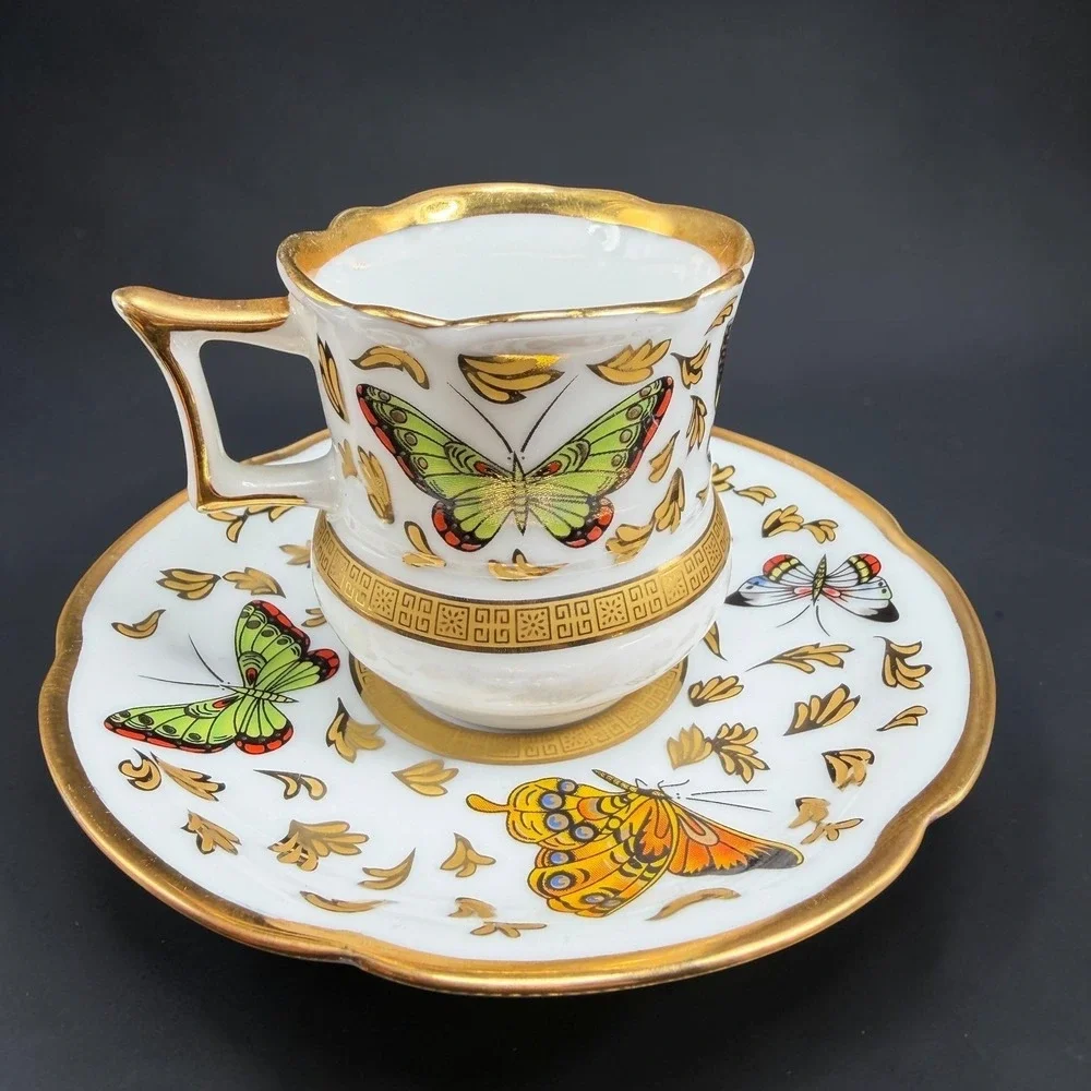 CC&T Butterfly Porcelain Espresso Cup and Saucer Set Gold Gilt Trim Demitasse‎